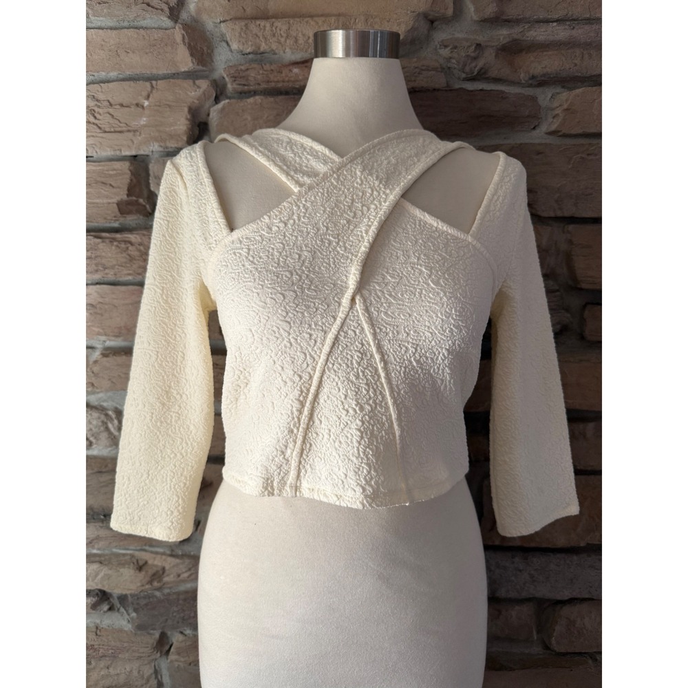 Free People Cream Textured Cross Front Cut Out Back Crop Top 3/4 Sleeve